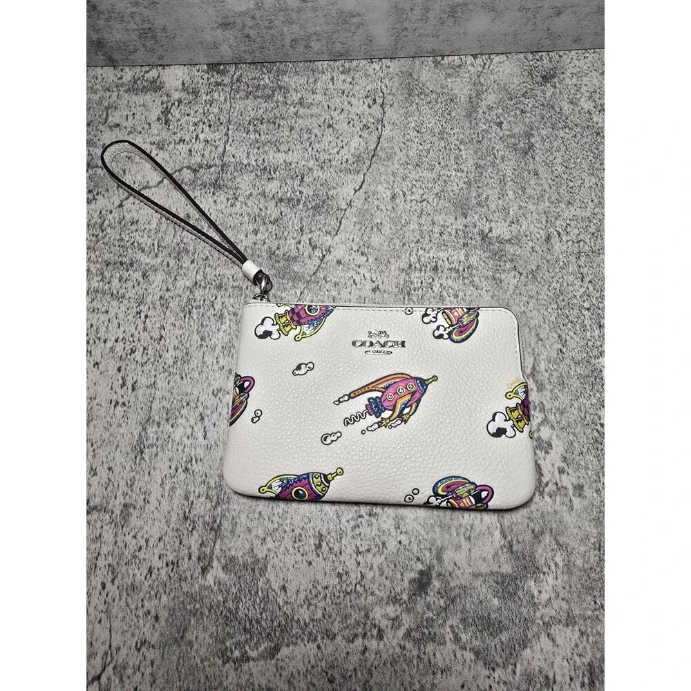 Coach Corner Zip Wristlet in Cosmic Rocket Print Chalk Multi Pebble Leather